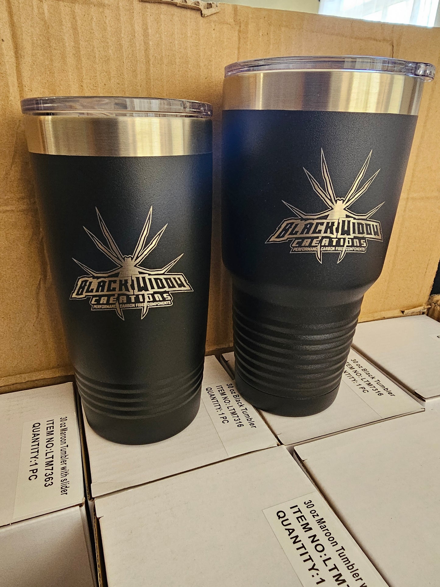 Black Insulated 20oz Black Widow Creations logo tumbler